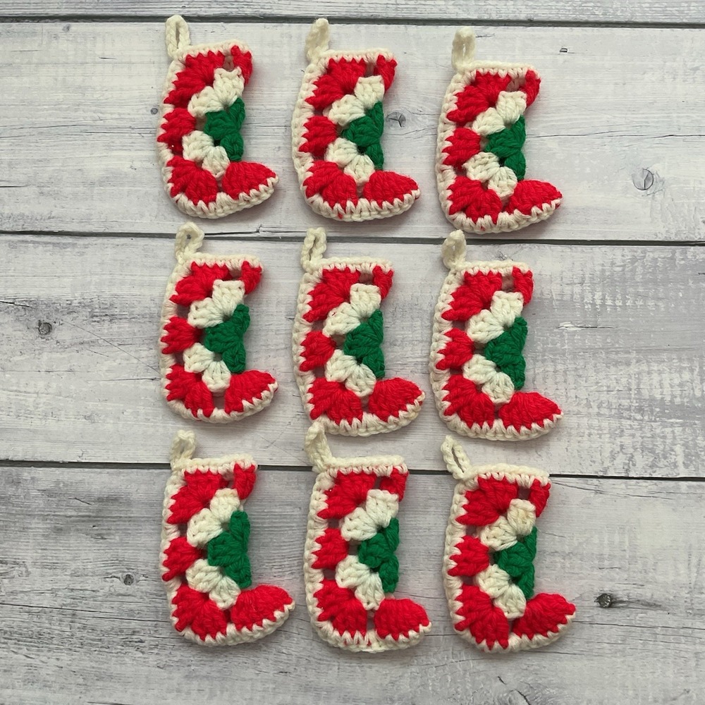 Granny Square Mini Stocking Christmas Ornaments Lot Of 9 Handmade
